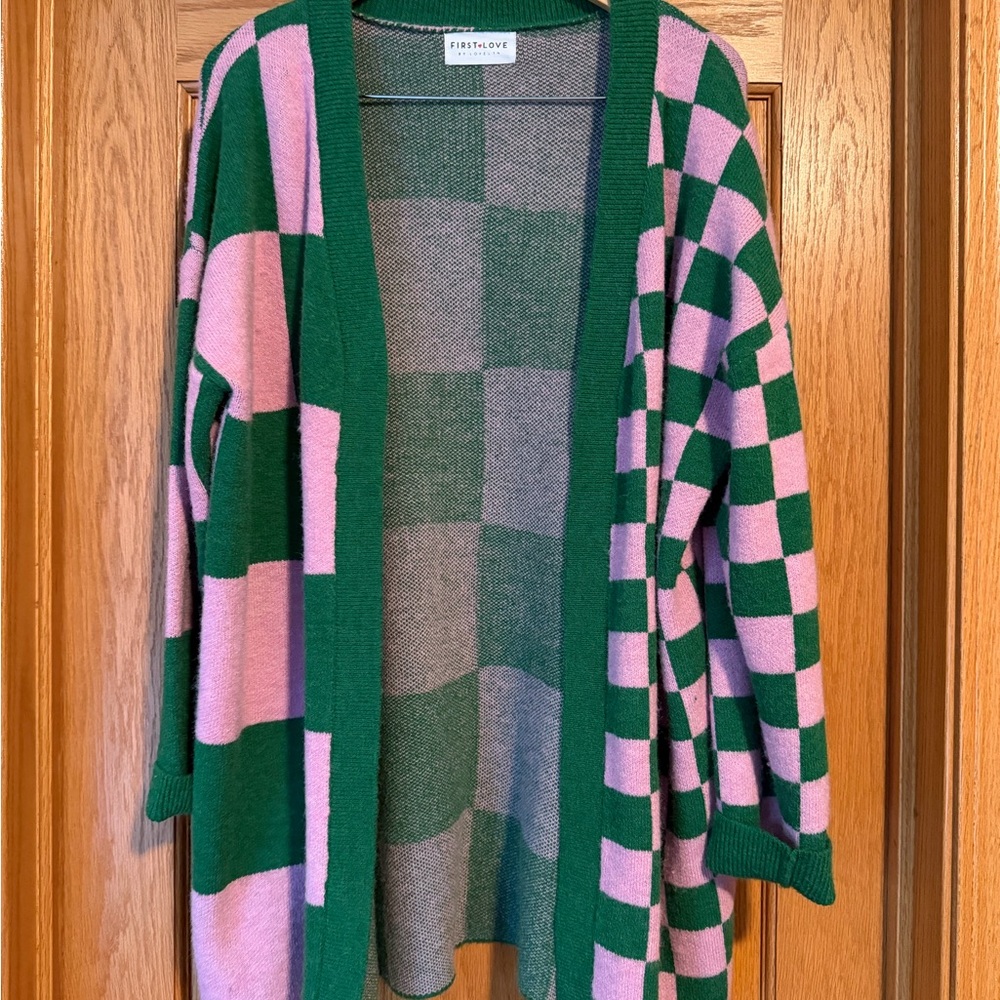 First Love Women's Green and Pink Checkered Cardigan